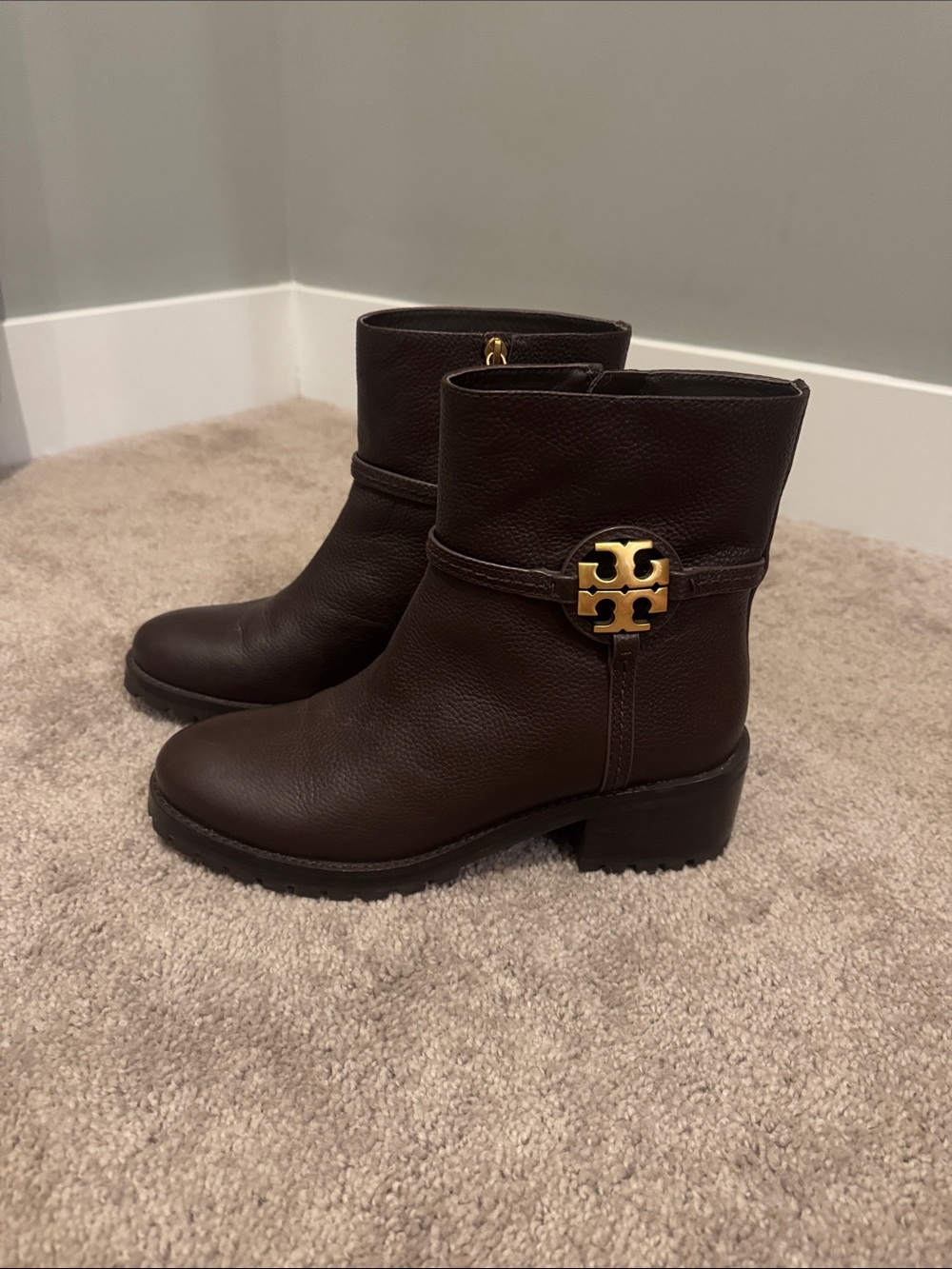 Tory Burch Dark Brown Leather Boots with Gold Logo Medallion